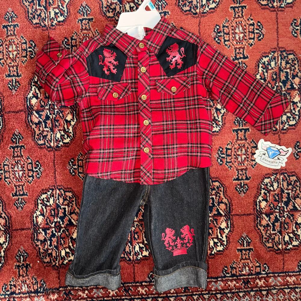 Glamajama Baby Boy 3-6 Mo. NWT Red Flannel Shirt +‎ Jeans Outfit